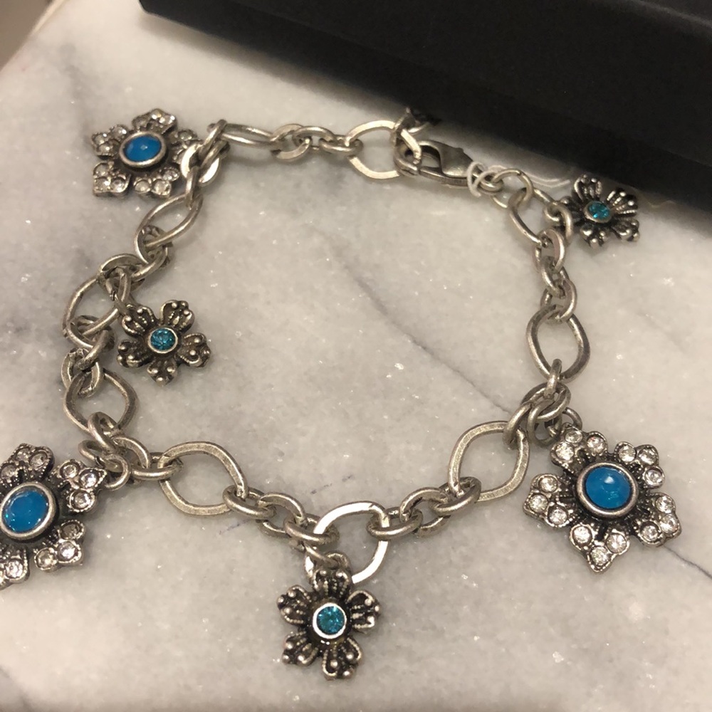 Caribbean Blue Crystal Flower Charm Bracelet,NWT-Boutique